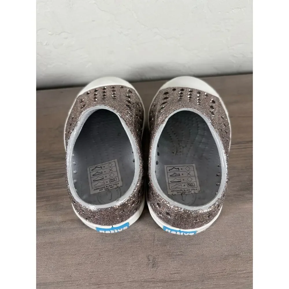 NATIVE Jefferson‎ Bling Shoes Toddler Baby Sz C4 Metal Shell White Waterproof